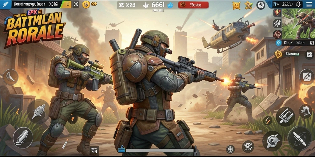 Tangkapan layar 666I menampilkan aksi pertempuran intens di Battle Royale.