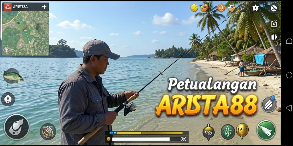 Screenshot gameplay ARISTA88 menampilkan aksi memancing yang seru dan menawan.