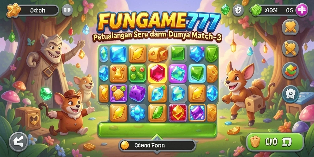 Screenshot utama menampilkan tampilan seru gameplay FUNGame777 Match-3.