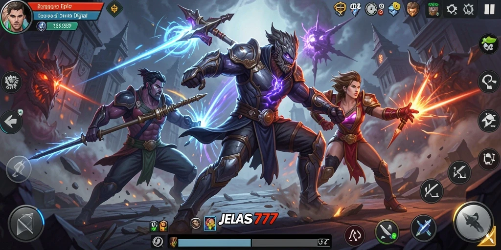Tampilan gameplay JELAS777 dengan pertarungan seru dan karakter kuat.