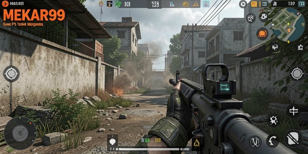 Screenshot gameplay MEKAR99 menunjukkan aksi FPS yang mendebarkan.