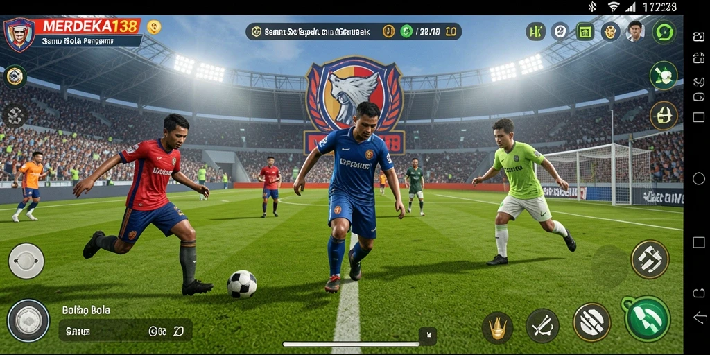 Tangkapan layar utama gameplay MERDEKA138 menampilkan aksion sepak bola yang mendebarkan.